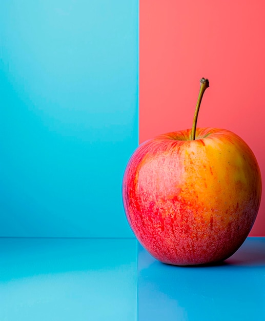 Photo a red and yellow apple is on a table with a red and blue background