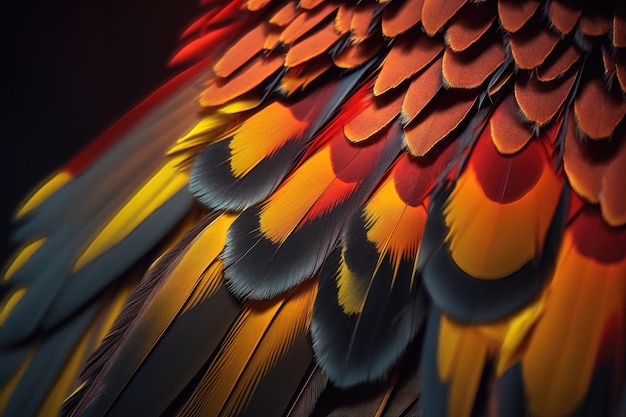 Red and yellow bird feathers close up AI generation