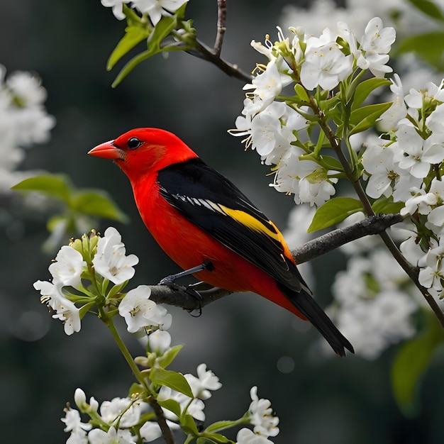 a red and yellow bird sits on a branch with white flowers