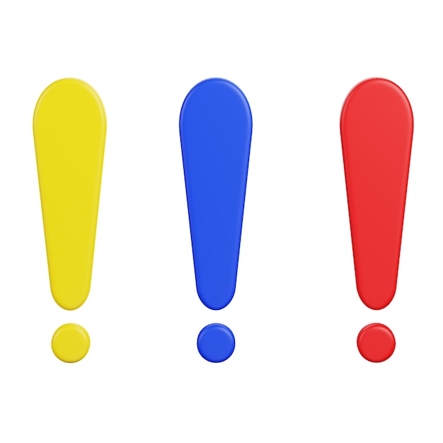 Red yellow and blue Realistic exclamation mark caution icon front view 3d rendering illustration