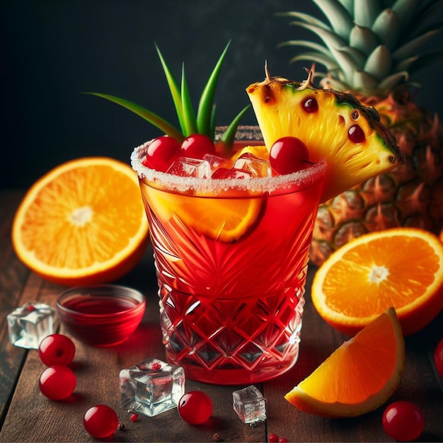 Red yellow cocktail with pineapple fruit and orange