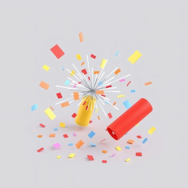 Red and yellow cylinders exploding with colorful confetti