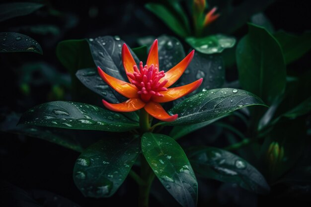 A red and yellow flower with green leaves generative AI