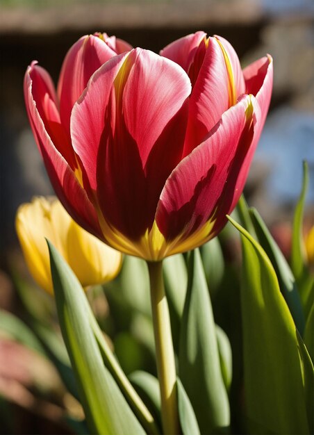 a red and yellow flower with the yellow and red colors of the tulips