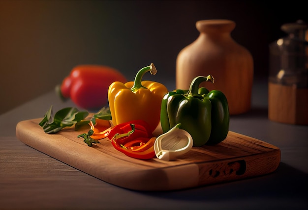 Red yellow green bell pepper on cutting board AI Generated