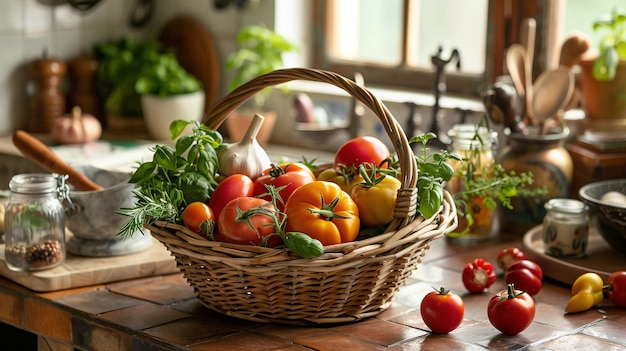 Red yellow and green tomatoes basil and other greens in a rattan basket on the table