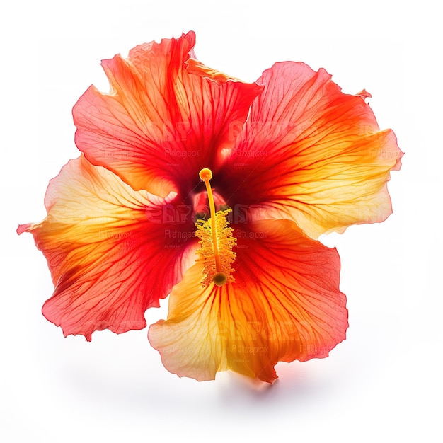 A red and yellow hibiscus flower with a yellow center.