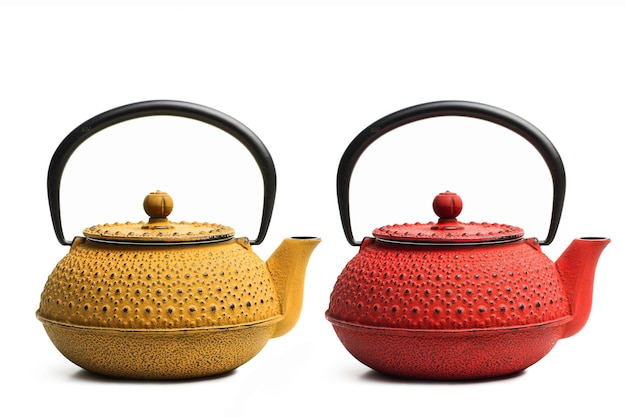 Red and yellow japanese teapots on a white background