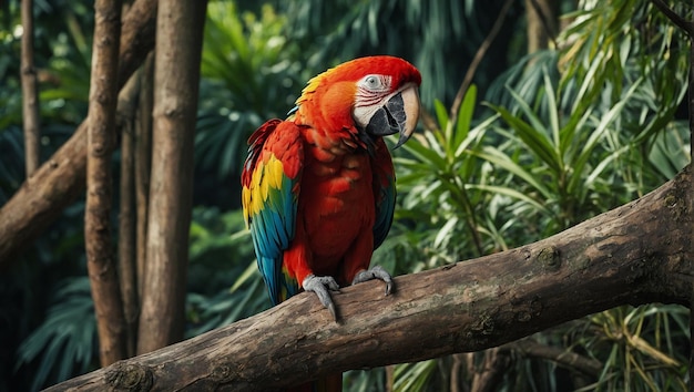 Red and yellow parrot perched on tree limb in forest scene