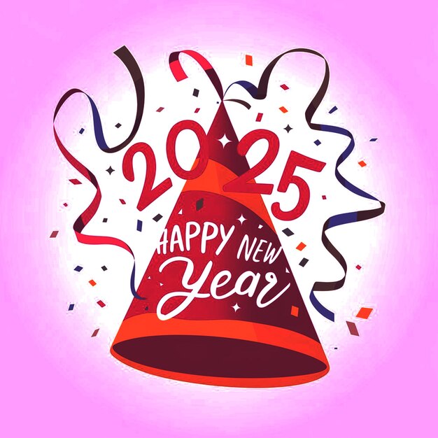 Photo a red and yellow party hat with the text 2025 happy new year