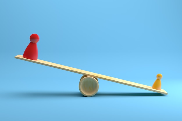 Red and Yellow Pawns Figures Imbalanced on Wooden Seesaw over Blue Background. 3D Rendering