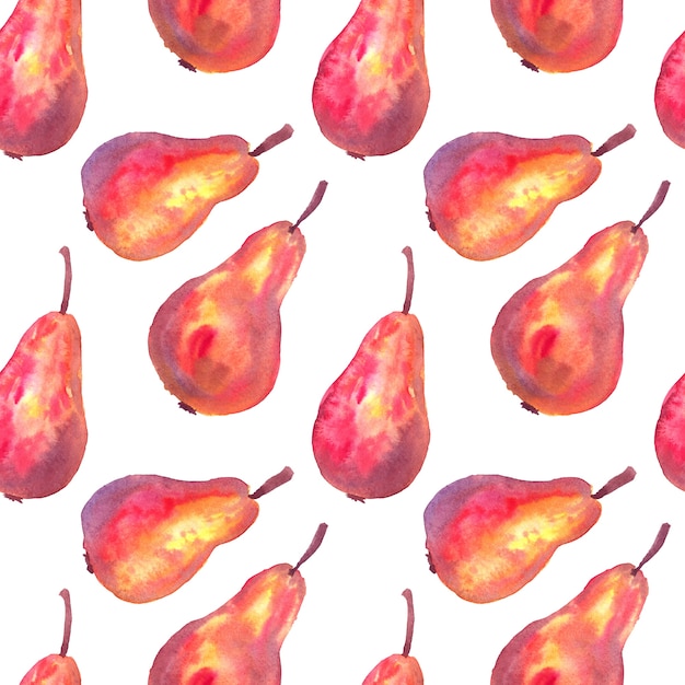 Red yellow pears. Seamless pattern. Hand drawn watercolor illustration. Texture for print, fabric, textile, wallpaper.