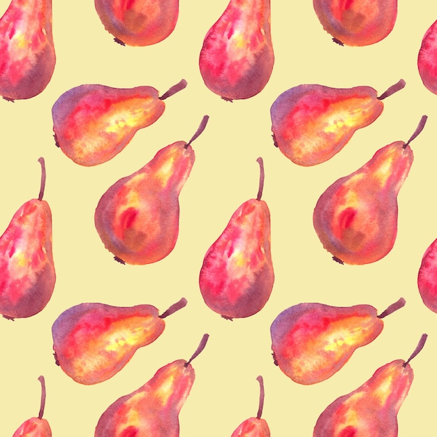 Red yellow pears. Seamless pattern. Hand drawn watercolor illustration. Texture for print, fabric, textile, wallpaper.