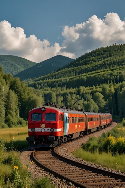 a red and yellow train is going down the tracks