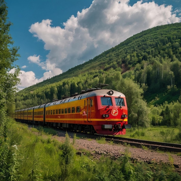 a red and yellow train is going down the tracks