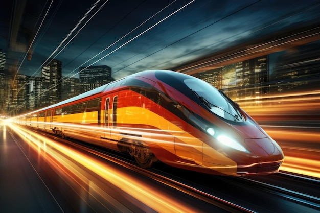 Red and Yellow Train Travelling Through City at Night Shot of ultra fast modern train driving to his destination fastest public transport AI Generated