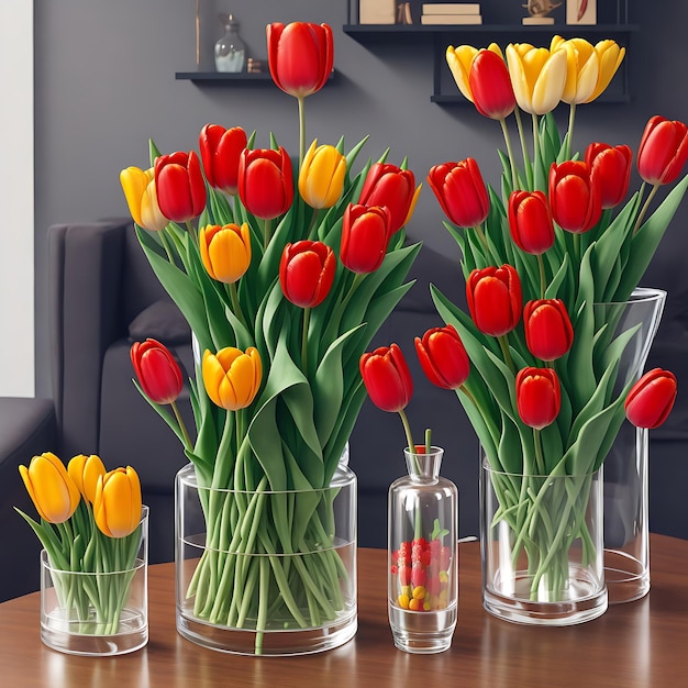 Red yellow tulips in glass vases AI generated