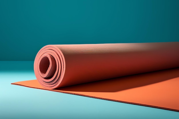 A red yoga mat is on a blue background with a blue background.