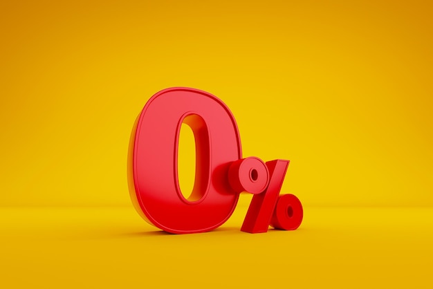 Red zero percent or 0% special offer on yellow background. 3d render illustration