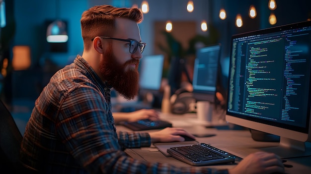 Redbearded man working on a computer in an office with code displayed on the screen