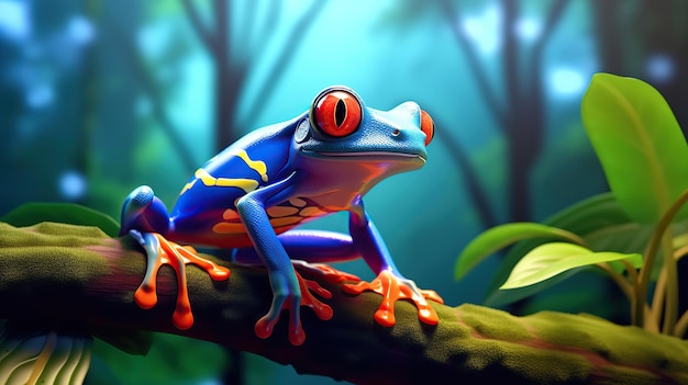 A Redeyed Tree Frog is depicted in a detailed portrait highlighting its red eyes