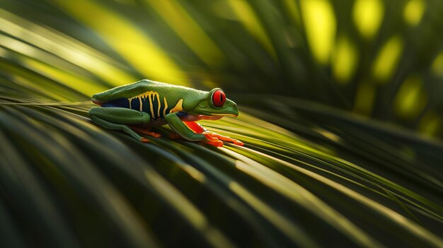 Photo redeyed tree frog perching on tropical leaf