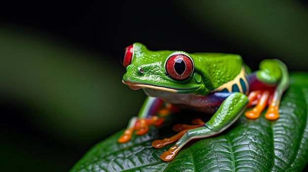 Redeyed tree frog on tropical leaf vivid colors