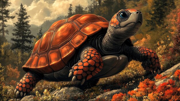 RedFooted Tortoise in Autumnal Forest