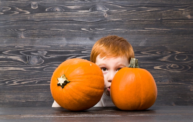 Photo redhaired boy hid behind orange pumpkins