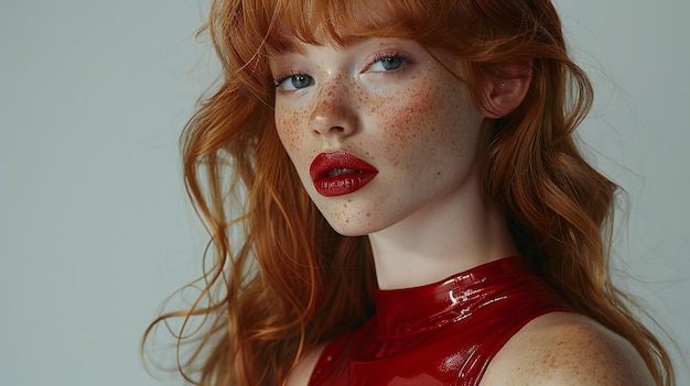 Redhaired fashion model with pale skin and big freckles wearing red corselette