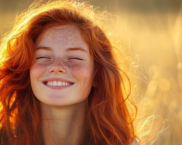 Photo redhaired girl in freckles with loose hair turned her face to the morning sun and smiles sunny light