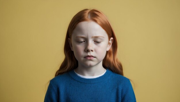 A redhaired girl with a contemplative look against a yellow background