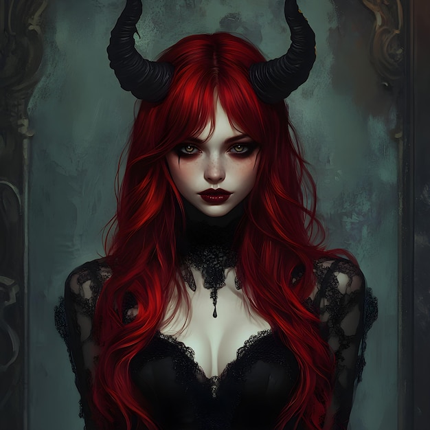 Redhaired girl with horns on her head Portrait of a gothic woman with red hair