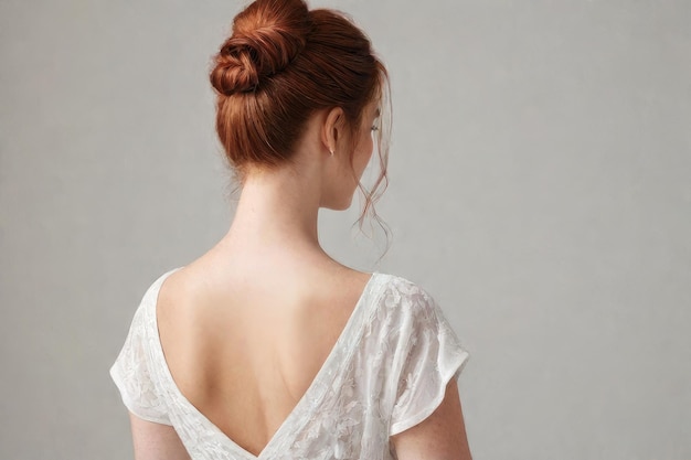 Redhaired girl with low bun hairstyle back view