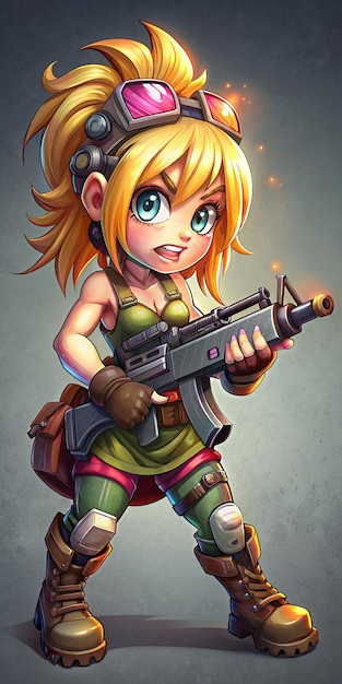 redhaired girl with a machine gun in her hands in chibi style