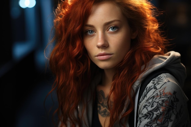 Photo redhaired girl with a shoulder tattoo generative ia