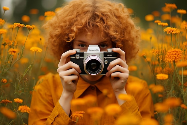 Redhaired woman holding vintage camera in a field of vibrant flowers capturing a timeless moment