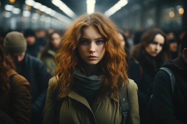 RedHaired Woman Standing in a Subway