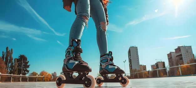 Redhaired woman in stylish overalls rollerblading on a skateboard