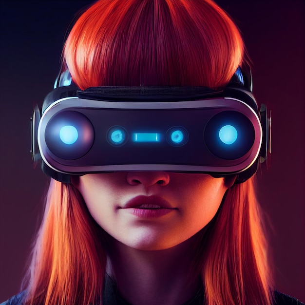 Redhaired woman wearing virtual reality vr headset portrait