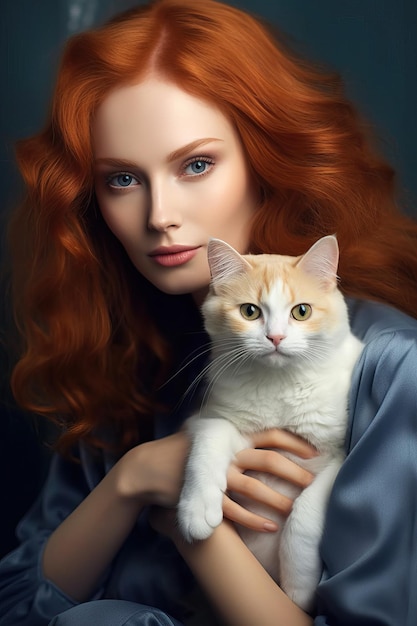 Redhaired woman with fluffy cat