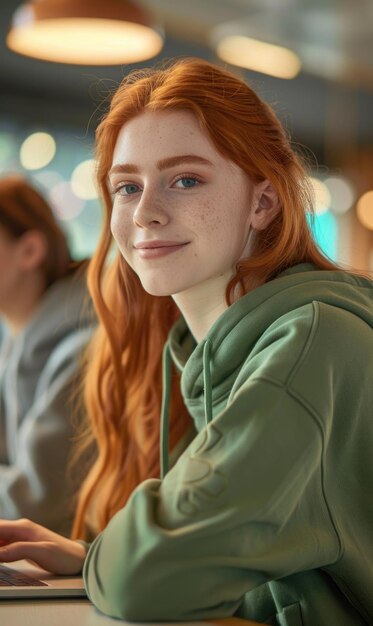 Photo a redhaired young woman with freckles wearing a green hoodie is sitting indoors smiling at the camera