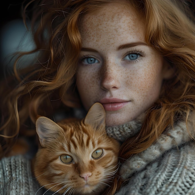 Redhaired young woman with ginger cat casual portrait in soft focus cozy home lifestyle image generative AI