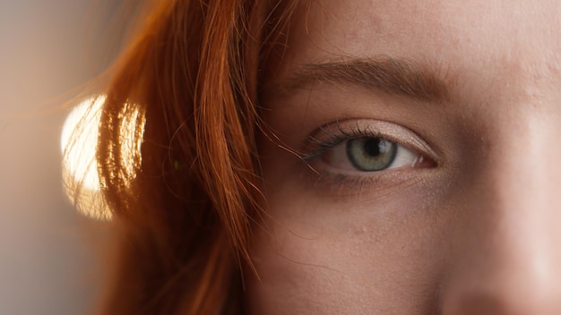 Photo redhead caucasian woman girl open eyelid looking at camera green eye beautiful female lady face