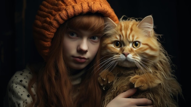 redhead girl playing with a cat