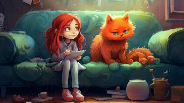 redhead girl playing with a cat