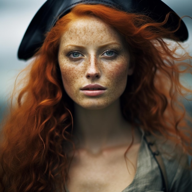 Photo redhead haired woman with black hat and green shirt looking at camera generative ai