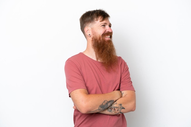 Redhead man with long beard isolated on white background happy and smiling