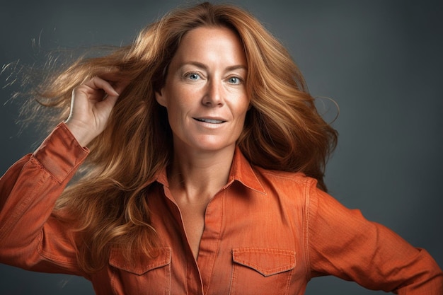 Redhead mature woman feels like a model and plays with her hair Ai generated