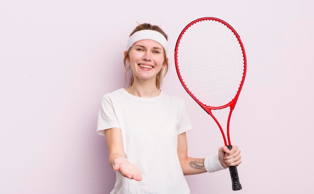 Redhead pretty girl smiling happily with friendly and offering and showing a concept tennis concept